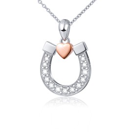 DAOCHONG S925 Sterling Silver Lucky Horseshoe with Rose Gold Love Heart Pendant Necklace,18 inches Chain