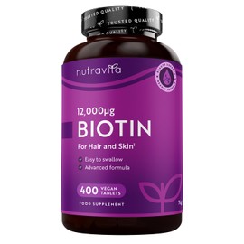 Nutravita - Biotin Hair Growth Supplement 12000mcg - 400 Vegan High Strength Biotin Tablets (1+ Year Supply) - High Absorption Vitamin B7 Biotin Tablets for Hair - Supports Skin & Hair Growth