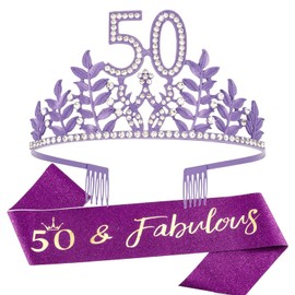 CIEHER Purple 50th Birthday Crown, Fabulous Sash Set, Tiara, Gifts & Decorations for Women