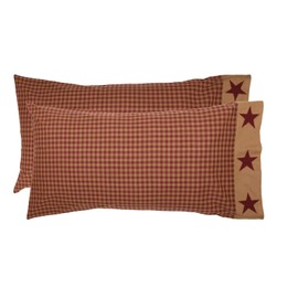 VHC Brands Ninepatch Star King Pillow Case with Applique Border Set of 2 21x40 Country Bedding Accessory, Burgundy