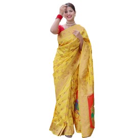 KNETLI Banarasi Cotton Silk Saree for women indian traditional saree with pure zari work saree for womens with unstitiched blouse YELLOW HARAN