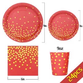 Gudvilla 168PCS Red and Gold Party Decorations Red Plates and Napkins Party Supplies Serve 24 Guests Red and Gold Paper Plates for Red Birthday Chinese New Year Valentines Graduation Party Decorations
