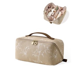 EACHY Travel Makeup Bag,Large Capacity Cosmetic Bags for Women,Waterproof Portable Pouch Open Flat Toiletry Bag Pattern Makeup Bag (F-Brown-Large)