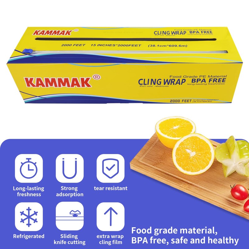 KAMMAK Plastic Wrap Food Cling Wrap with Slide Cutter 15