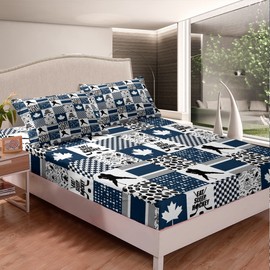 Ice Hockey Fitted Sheet Gifts for Boys Teen,Winter Sports Games Theme Sheets Full,Ball Competitive Games Bed Sheets for Hockey Player,Fall Leaves Room Decor Patchwork Bedding Set Navy Blue