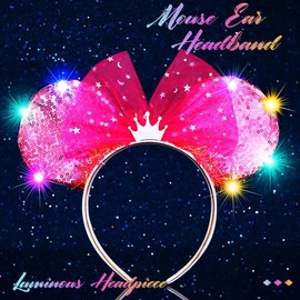Atigy Mouse Ear Light Up Headband Sequin Ear Bow Hair Hoop LED Festival Hair Accessories for Women (Rose red, One Size)