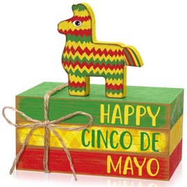 Yuntau 4 Pcs Cinco De Mayo Decorations Wooden Mexican Table Decor Decorative Books Stack Signs Fiesta Tiered Tray Decor Rustic Farmhouse Wood Donkey Piñata Decor for Mexican Festival Home Party Decor