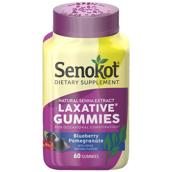 Senokot Dietary Supplement Laxative Gummies, Natural Senna Extract, Gentle, Overnight Relief from Occasional Constipation, Blueberry Pomegranate Flavor, 60 Count