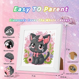 WEMEON Cat Diamond Art Painting Kits for Kids with Frame-Cat Diamond Art Kits for Kids,Gem Diamond Art Painting Arts and Crafts Painting Kit for Kids Ages 6-12(7x7inch