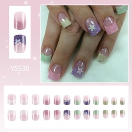 French Tip Flower Press on Nails Short Square Spring Fake Nails Small Flowers Glue on Nails Full Cover Stick on Nails with Glitter Design Acrylic False Nails Spring Summer Artificial Nails for Women