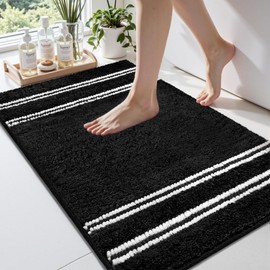 Arenarug Bathroom Rugs 17x24 Extra Soft Absorbent Bath Mat Chenille Non Slip Shower Mat Rubber Backing Machine Washable Bath Mats for Bathroom Shaggy Black Bath Rugs for Tub, Hallway