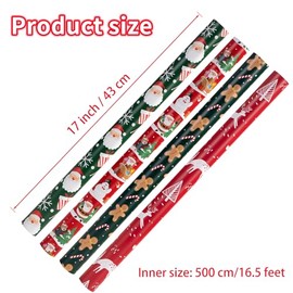 Christmas Wrapping Paper for Gifts (4 Rolls: 93 sq. ft. ttl) Funny Candy Cane Santas, Reindeer, Christmas Tree, Snowflakes - 17 inches x 16.5 feet Per Roll