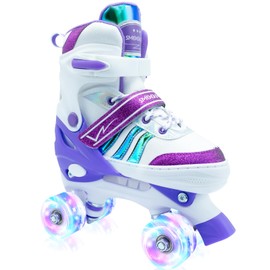 SMOOJOY Roller Skates for Girls Kids Boys,4 Size Adjustable Indoor Outdoor Purple Quad Rollerskates with Light up Wheels for Beginners Ages 6-12