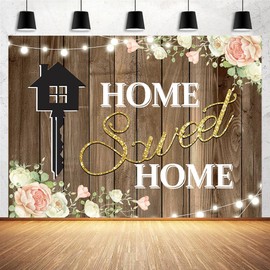 7x5ft Rustic Wooden Housewarming Photography Backdrops Pink Floral Home Sweet Home Key Shining Lights Background New House Party Decorations Wooden Floor Wedding Photo Backdrop Props Supplies