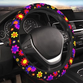 1970s Hippie Flowers Power Colorful Flower Power Steering Wheel Cover Universal 15 Inch Non-Slip Car Wheel Wrap Elastic Stretch Wheel Protector for Auto Van Truck SUV