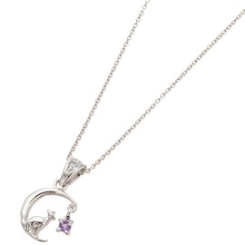 Accessory Shop Piena Cubic Zirconia Natural Stone 925 Silver Cat Moon Crescent Moon Cat Birthstone Necklace, Amethyst