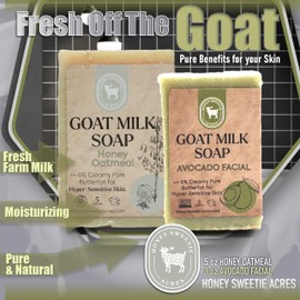 Honey Sweetie Acres Fresh of the Goat Face and Body Soap Bundle – 3 oz Avocado Facial Bar + 5 oz Hydrating Honey Oatmeal Goat Milk Soap – Handcrafted and Made in USA