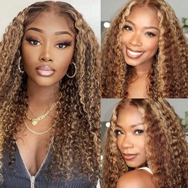 Ombre Brown to Caramel Blonde Highlights Culry Wave Lace Front Human Hair Wigs for Black Women, 4/27 Colored Balayage Human Hair Highlights Glueless Lace Wigs Pre-Plucked Hairline 150% Density 20 Inch