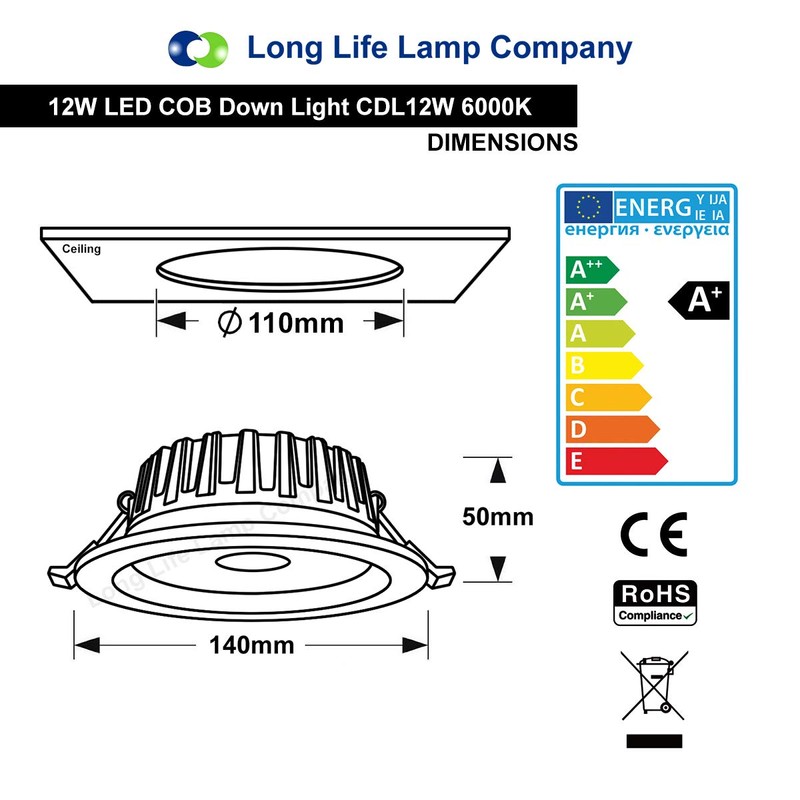 COB 12W Recessed Commercial LED Downlight Daylight 6000k AC100-240v PL