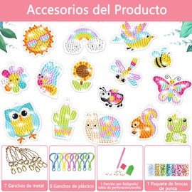 Kit de Pintura de Diamantes para Niños, 15 Diamond Painting y 50 Pegatinas, Pegatinas de Pintura de Diamantes con Herramientas de Pintura, Llaveros DIY Artes y Manualidades para Niñas (Insecto)