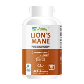 Wellthy Lion’s Mane 300 Cápsulas. Melena de León 750mg c/u, 1500mg por Porción, 5 Meses de Consumo, VCaps Cápsulas Veganas, 100% Orgánico.