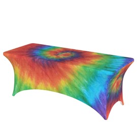 Fitted Rectangular Tablecloth Stretch Spandex Table Cover Rainbow Tie Dye Colorful 6 FT Table Protector for Party Events Banquet Weddings Cocktail