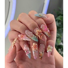 Mermaid's Treasure Floral & Tiger Nail Art Tropical Glam Press On Nails Y2K Pastel Summer Nails Bold Vacation Nails Long Stiletto Leopard Nail Glossy Finish with Rhinestones and Pearls:_Coffin_L