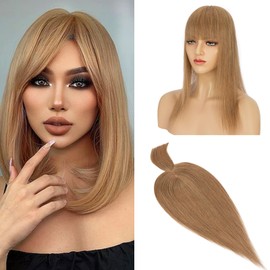 S-noilite Human Hair Toppers With Bang for Thinning Hair Women Real Hair Topper Clip In Hair Extensions 100% Remy Real Human Hair 38g（#6-1 Light Green Brown, 12 Inch)