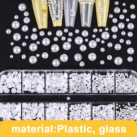 JAZOKA 12 Grid Rhinestones - 3D Nail Art Charms, Semicircular Pearl Balls, Small Stainless Steel Beads, Caviar & White Flatback Crystal Beads for Acrylic Nail Decorations