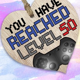 Fun 50th Birthday Gift For Men Woman Wooden Heart Plaques - Level Up - 50 - Light Wood Sign Keepsake, Happy Birthday Plaque, for Dad Mum Grandad Nanny Grandma Uncle Auntie Cousin Friend