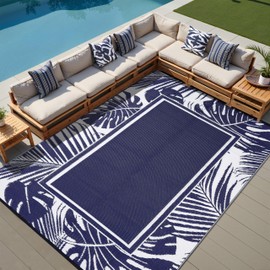 PureCozy Outdoor Plastic Straw Rug Navy Blue Waterproof Outdoor Patio 8x10 Carpet Tropical Leaf Reversible Mat Modern Washable Large Outside for Camping RV Porch Deck Balcony Beach