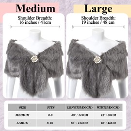 Faux Fur Shawl Wrap Stole Shrug Winter Bridal Wedding Scarf Wrap with Faux Pearl Rhinestone Brooches for Women 1920s (Gray, Large, Long Hair)