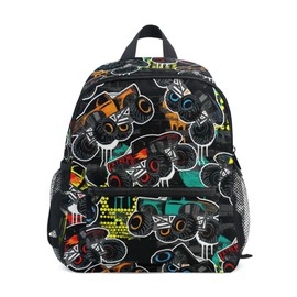 Boys Girls Toddler Backpack Child School Bags, Abstract Monster Truck Car Kids Mini Kawaii Backpacks Rucksack Small Bookbag Children's Backpack with Chest Strap Name Tag