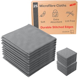 REXO Microfibre Cleaning Cloth - Pack of 25, Premium Reusable, Multi-Surface, Lint Free Cleaning Cloths - Ultra Absorbent, Soft, Durable for Kitchen, Car & More (Grey, 30x30 cm)