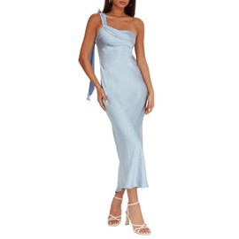 2025 Satin One Shoulder Maxi Dress for Women Summer Silk Formal Elegant Backless Ruffle Sleeveless Wedding Guest Dresses Light Blue