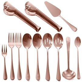 Rose Gold Buffet Party Serving Utensils Set 12 Pieces Copper Stainless Steel Flatware Silverware Set, Includes Serving Spoon Slotted Spoons Serving Forks Soup Ladle Serving Tongs Pie Server