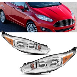 Chrome Housing Amber Headlights Assembly compatible with 2014 2015 2016 2017 2018 2019 Ford Fiesta Halogen Head Light Headlamp Driver & Passenger Side