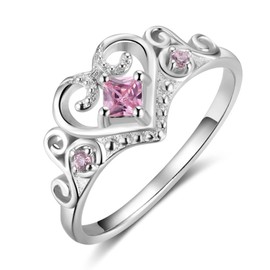 Bellitia Jewelry 925 Sterling Silver Heart Shaped Princess Crown Ring with Pink Cubic Zirconia for Women, Wedding Engagement Promise Rings Set for Her