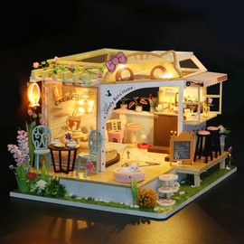SYW DIY LED Lights Miniature Dollhouse Kit Cat Coffee Doll House Model Wooden Furniture for Christmas 's Day Creative Gifts with Dust Cover and Music （Cat Coffee Shop ）