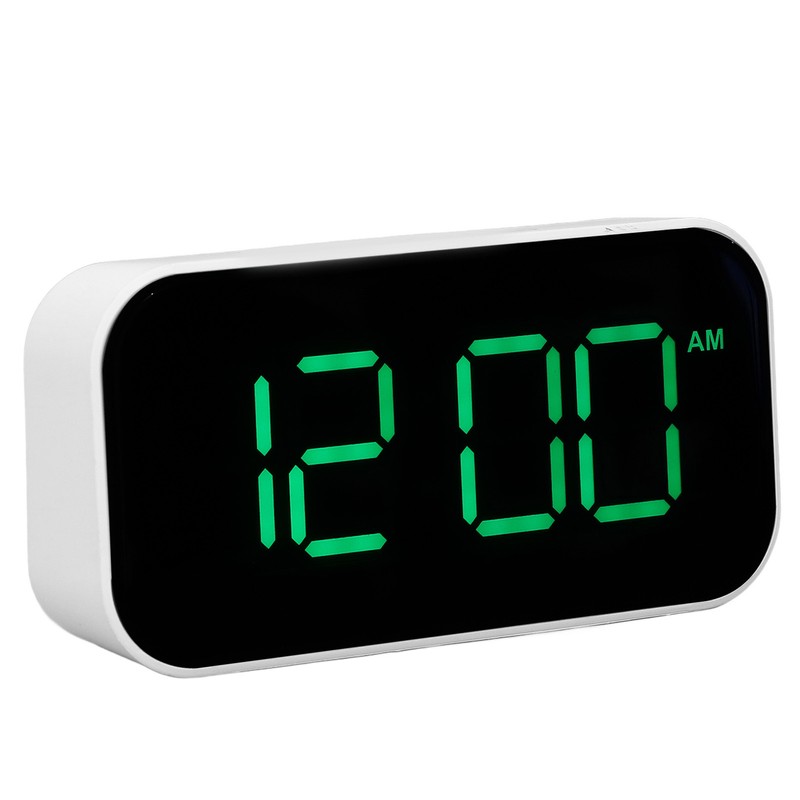 LED Digital Alarm Clock Brightness Adjustable 12/24Hr White Shell Green