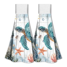 WADORN Kitchen Towel for Hanging with Sea Turtle, Set of 2, Towel with Loop and Hook, Absorbent for Hanging, Tea Towel, Wash Cloth for Kitchen, 31.5 x 34.5 cm