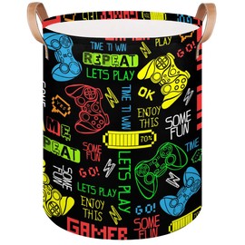 LOMBARDIDEN Laundry Basket for Boys - Video Game Kids Laundry Hamper with Handles - Collapsible Tall Clothes Hamper Storage Organizer Bin for Bedroom Bathroom Nursery Decor, 20.8" x 16"