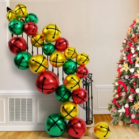 Fayoo 24 Pcs Christmas Bell Foil Balloons and 48 DIY Stickers 4D Large Gold Green and Red Aluminum Foil Balloons Round Sphere Metallic Mylar Balloons for Holiday Xmas Wedding Birthday Party Decor