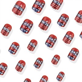 USA Independence Day Press on Nails Short Square Fake Nails 4th of July Patriotic Glue on Nail Glossy Acrylic Nail for Women