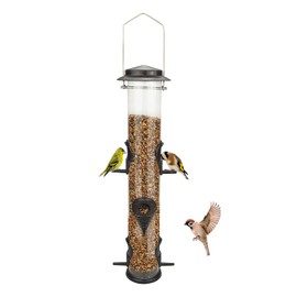 Metal Bird Feeder Tube Hanging Wild Bird Seed Feeder Aluminum Six Port Bird Feeders,1.4 mm Extra Thick Solid Tube Transparent with Steel Hanger Great for Attracting Birds