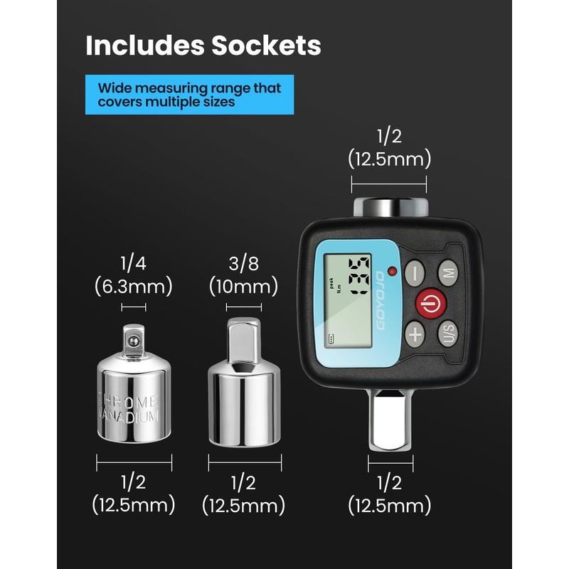 GOYOJO Digital Torque Wrench Set with 1/2" 1/4" 3/8" Adapters