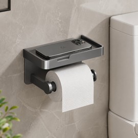 Toilet Paper Holder with Shelf for Bathroom – Aluminum Alloy Wall-Mount Roll Holder for Phone Storage and Daily Use