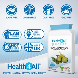 Health4All Olive Leaf Extract 180 Capsules. 20% Oleuropein, Purest, No Additives, Vegan, Non-GMO, Gluten Free Antioxidant Supplement for Immune Support, Blood Pressure and Cholesterol Support