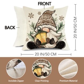 Fjfz Hello Winter Brown Decorative Throw Pillow Covers 20 x 20 Set of 4, Warm Cozy Gnome Lantern Porch Outdoor Home Decor, Christmas Seasonal Chickadee Snowflake Sofa Couch Cushion Case