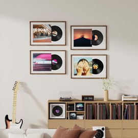 Vinyl Record Frame Natural Walnut Wood 24 x 16 Inches with Mat, for 12.5" x 12.5" LP Record and Album Jacket Display, Double Groove, Shatter-Resistant Tempered Glass Cover and Wall Hanging Hardware